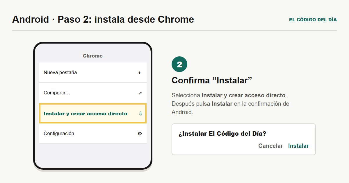 Menú de Chrome en Android con Instalar y crear acceso directo destacado