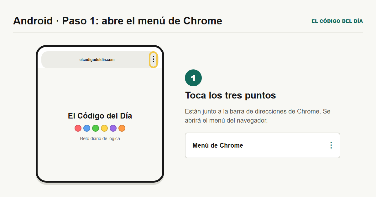 Chrome en Android con el menú de tres puntos destacado junto a la dirección