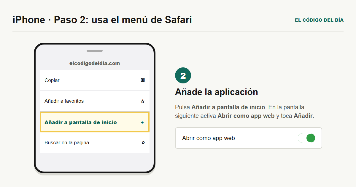 Menú Compartir de Safari con la opción Añadir a pantalla de inicio destacada